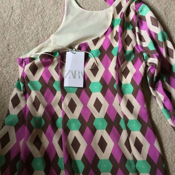 Zara NWT One Sleeve Satin Multicolored Women’s Mini Dress Size - Picture 8 of 9